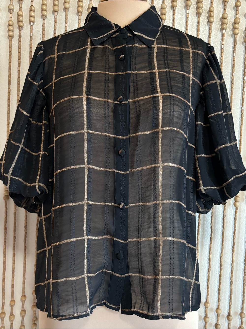 Checkered Plaid Puff Short Sleeve Semi Sheer Button Down Coquette Business Top